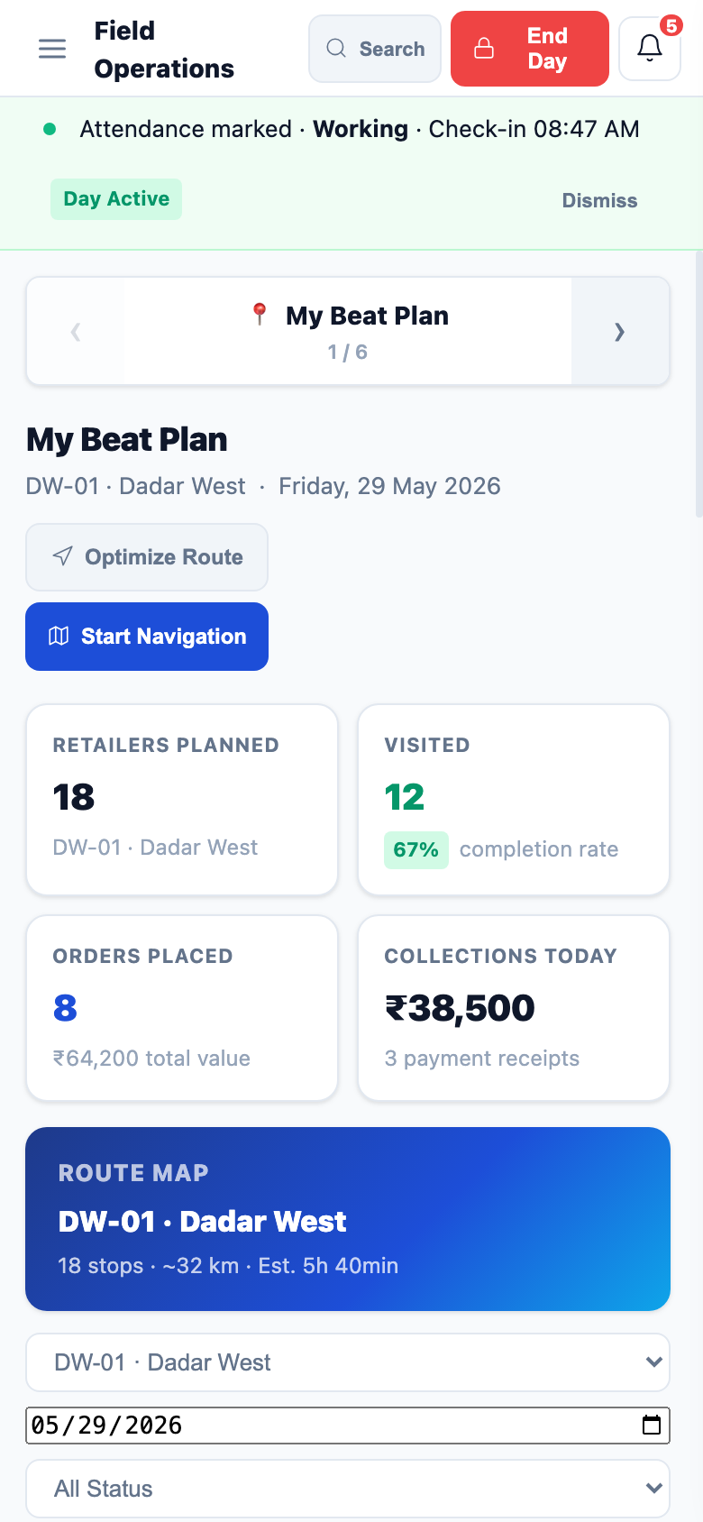 FieldDNA field app showing a sales rep's beat plan for the day.
