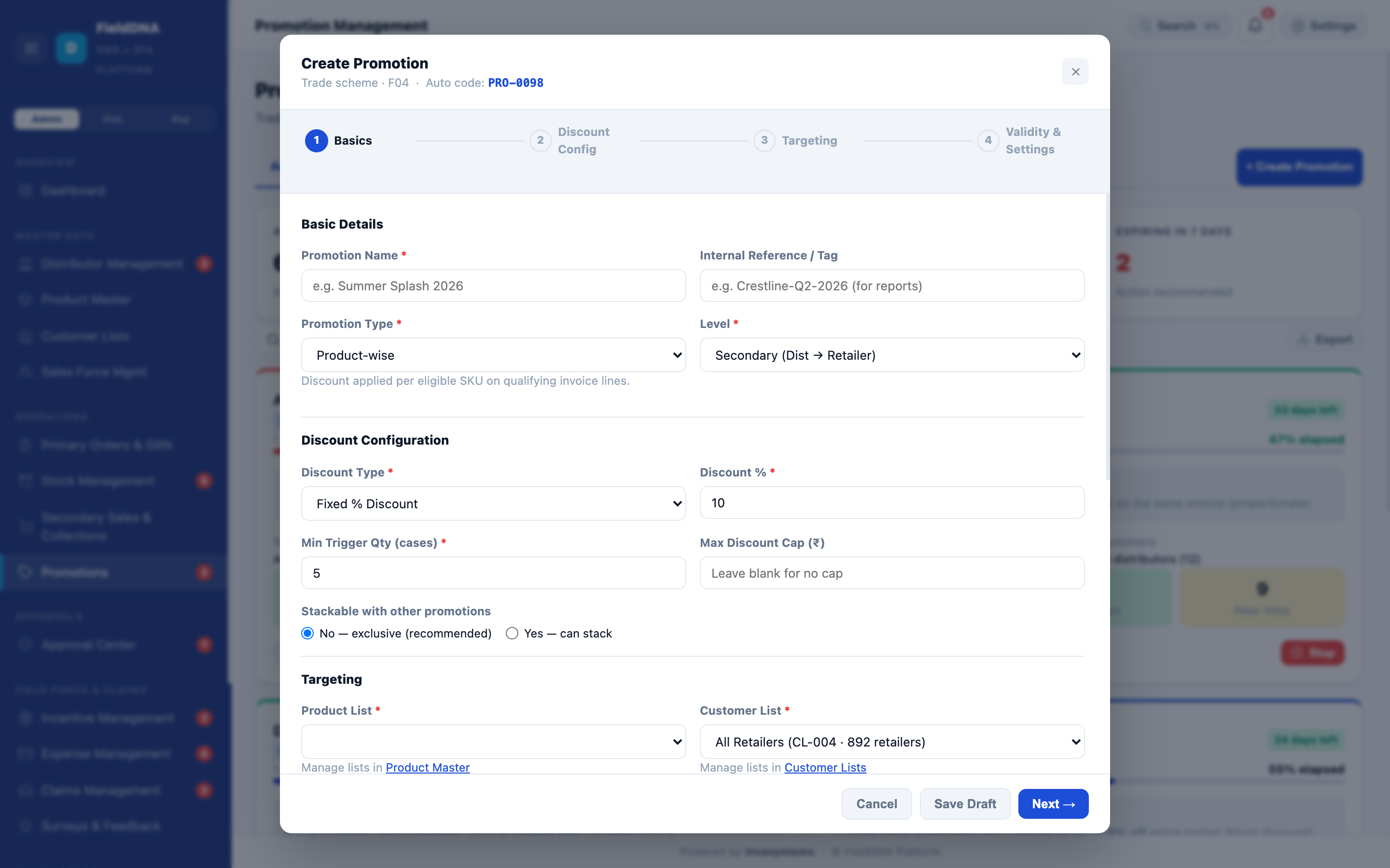 FieldDNA Create Promotion wizard with discount and targeting steps.